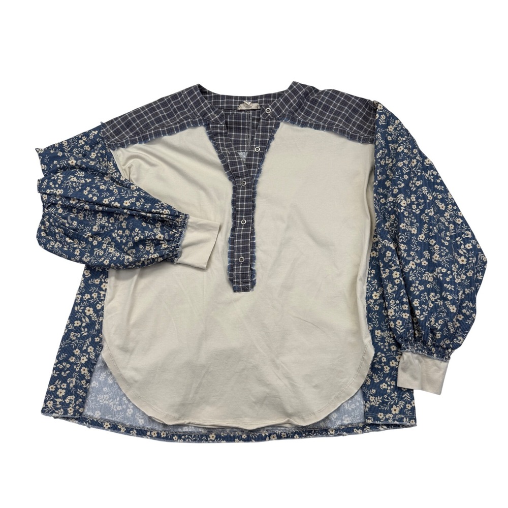 Easel Top Womens Small Floral Plaid Mixed Media Henley Balloon Sleeve